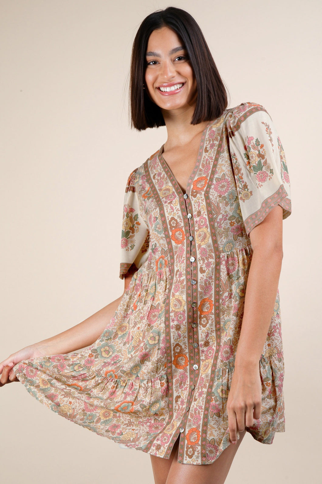 Shirring Detail Printed Woven Mini Dress Natural Mix