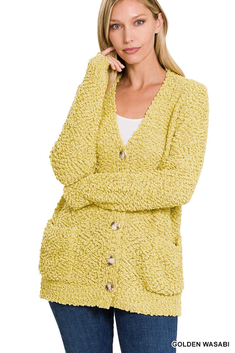 LONG SLEEVE POPCORN BUTTON DOWN CARDIGAN WITH POCKETS