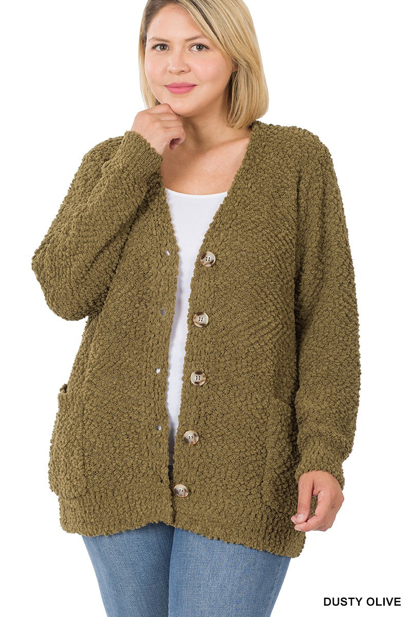 PLUS LONG SLEEVE POPCORN BUTTON DOWN CARDIGAN