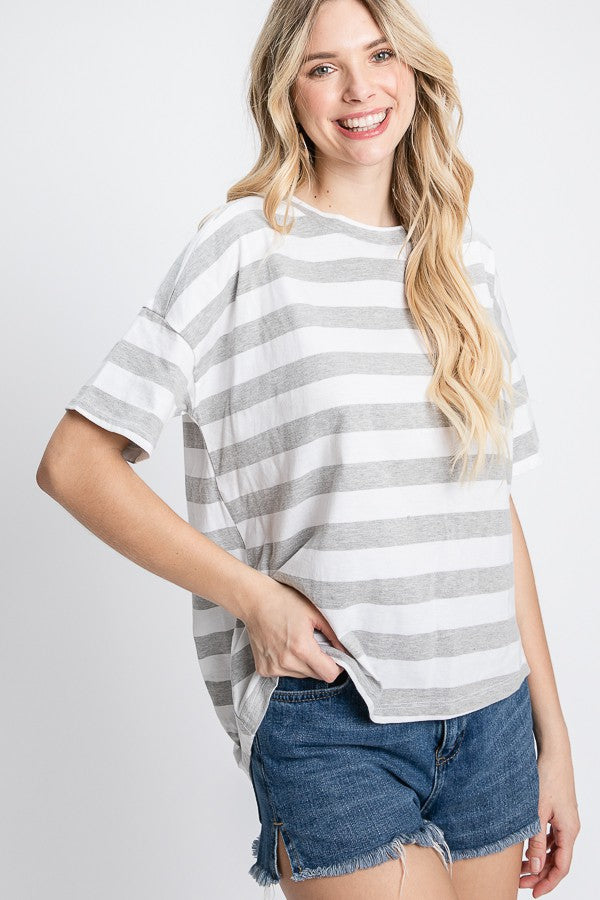 Striped Back Detailed Short Sleeve Top Ivory/Grey