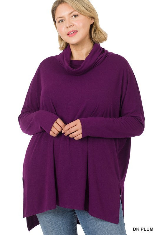 Plus Cowl neck long sleeve hi-low top in dark plum
