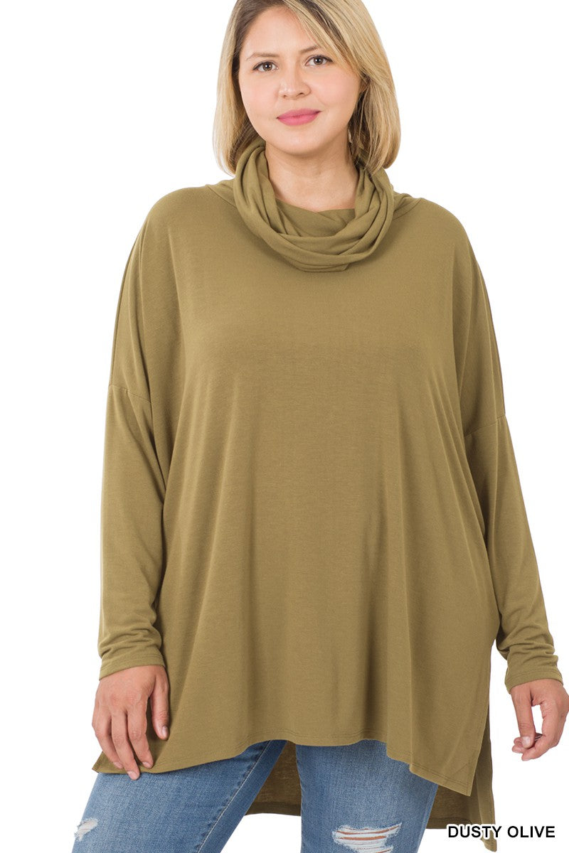 Plus Cowl neck long sleeve hi-low top in dusty olive