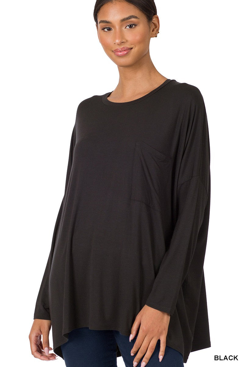 Luxe Rayon oversized round neck front pocket top in black (small-3X)