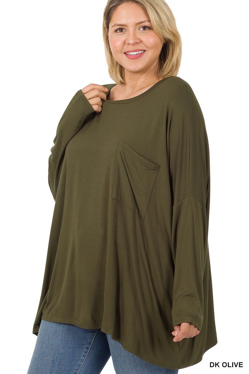 Plus Luxe Rayon oversized round neck front pocket top in dark olive