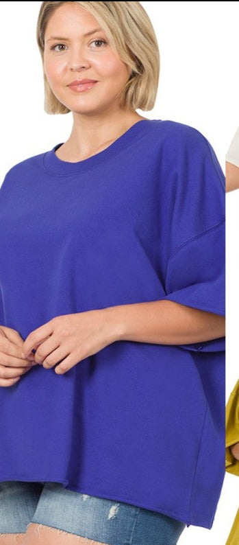 Plus french terry drop shoulder raw edge top bright blue