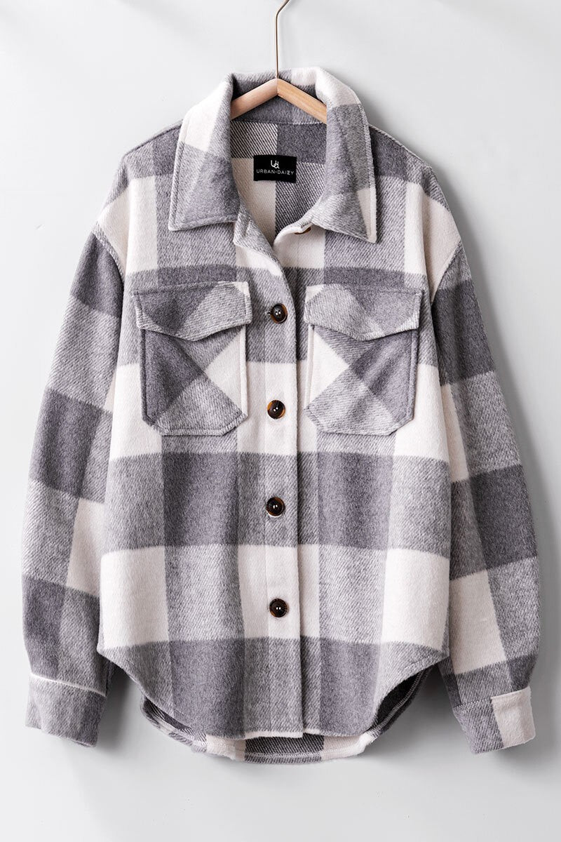 Plaid flannel button down jacket grey