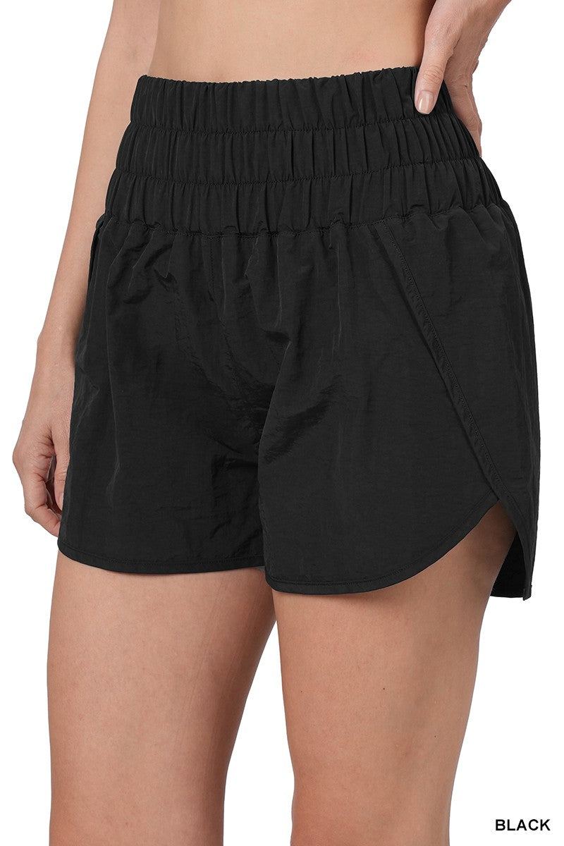 Windbreaker Smocked Waistband Running Shorts  Black