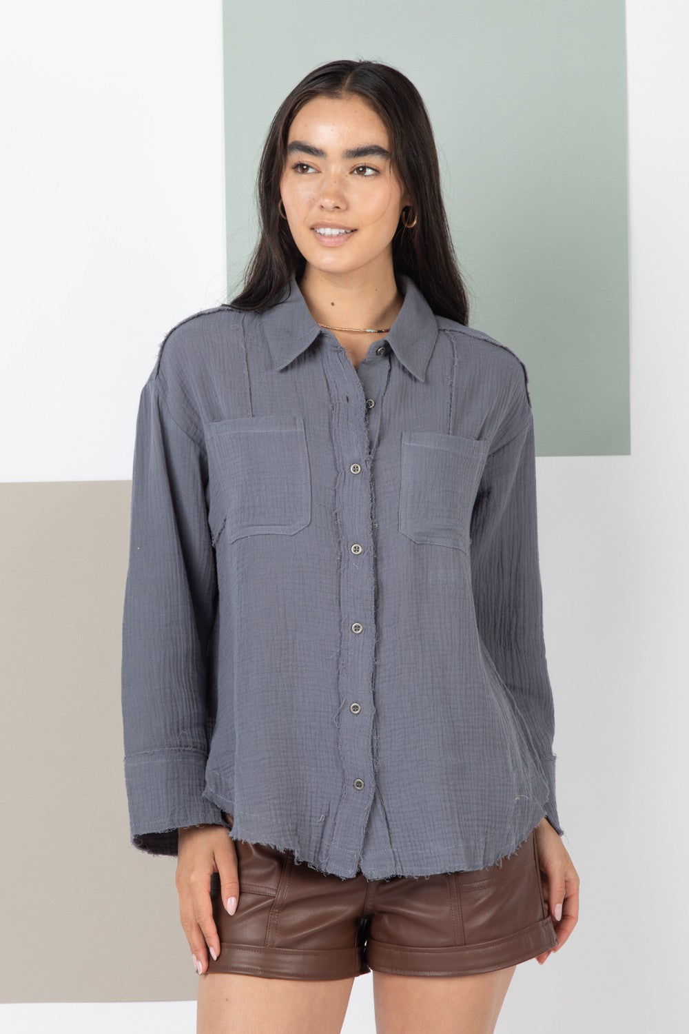 Frayed hem solid woven top