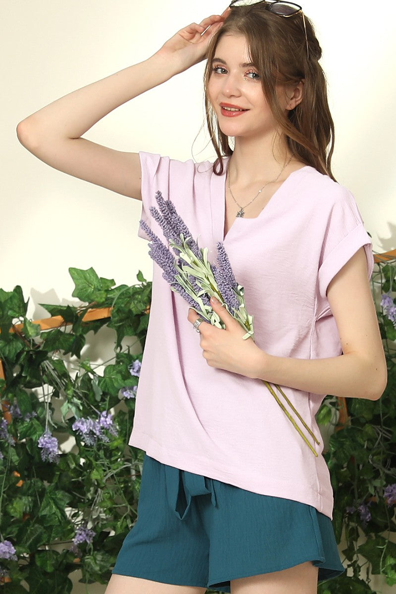Blush V-Neck trim rolled short sleeve airflow top