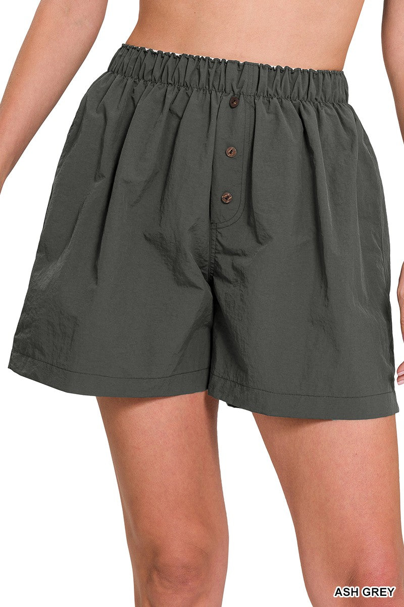 Windbreaker elastic waist front button shorts ash grey