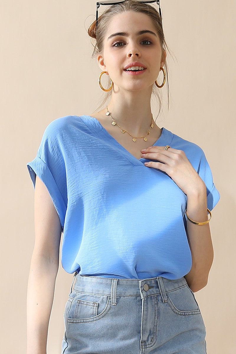 Plus Size airflow v-neck rolled sleeve top