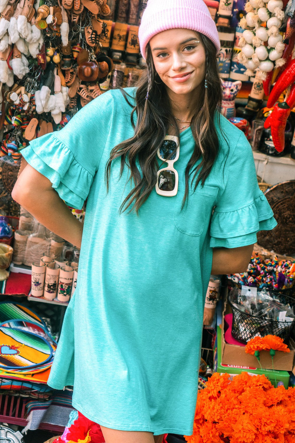 Short Sleeve Green French terry pocket T-shirt dress
