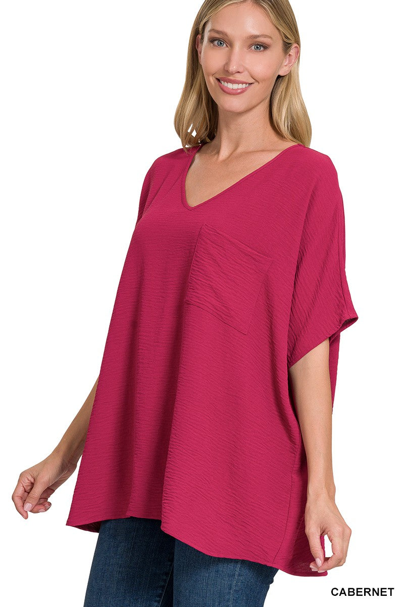 Woven airflow v-neck dolman short sleeve top (cabernet)
