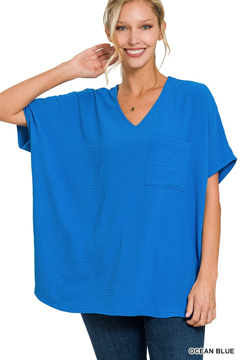 Woven airflow v-neck dolman short sleeve top (ocean blue)
