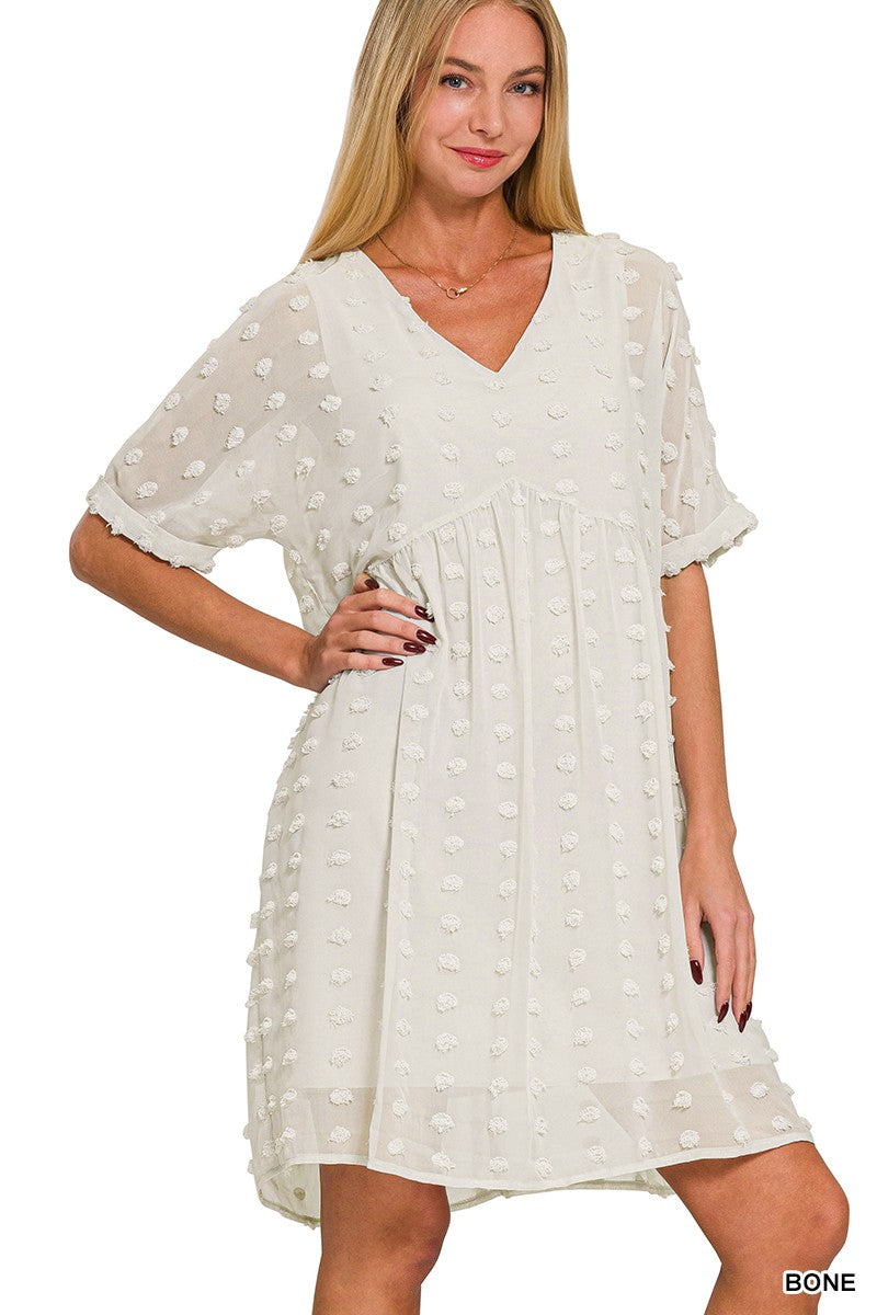 Swiss Dot Babydoll V-neck Dress Bone