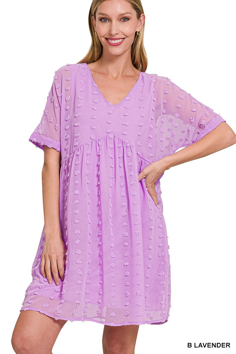 Swiss Dot Babydoll V-neck Dress B Lavender