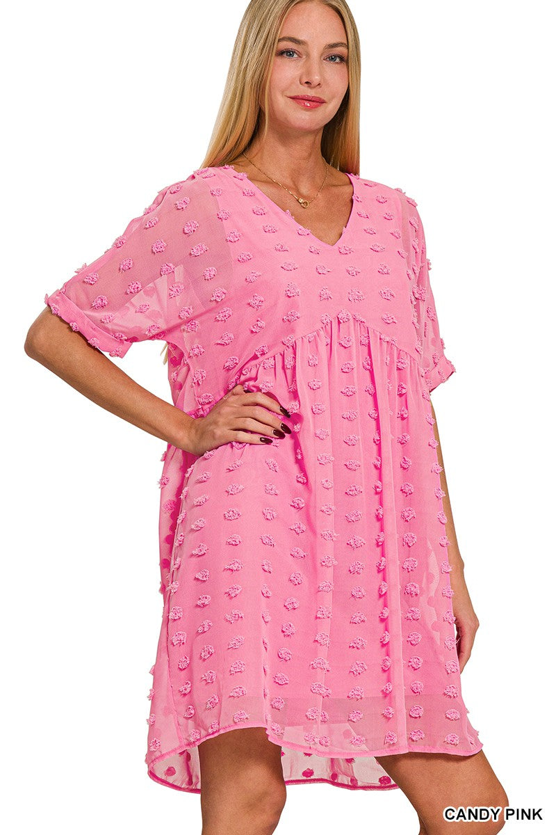 Swiss Dot Babydoll V-neck Dress Candy Pink