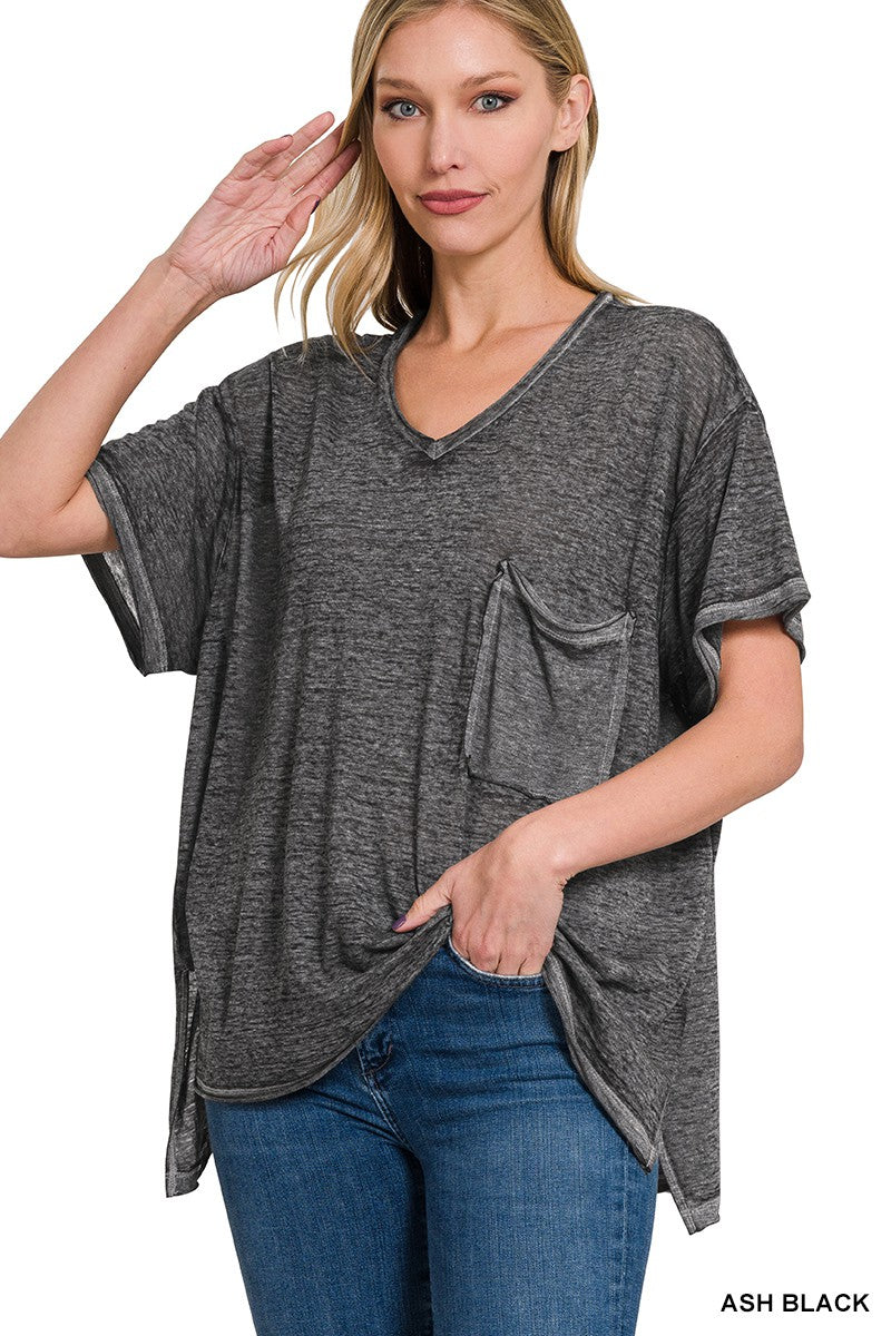 Washed Melange Burnout Hi/Lo Scoop V-neck Top  Ash Black