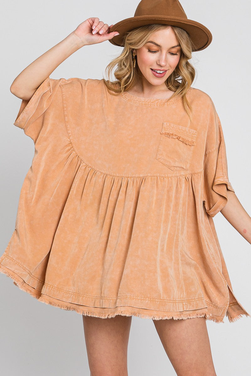 Butter Mineral Wash Fringe Hem Oversized Top