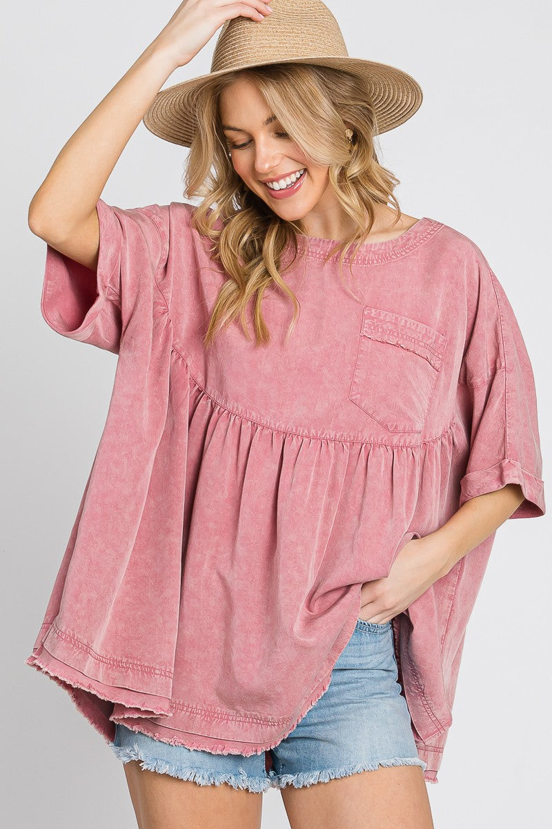 Mauve Mineral Wash Fringe Hem Oversized Top