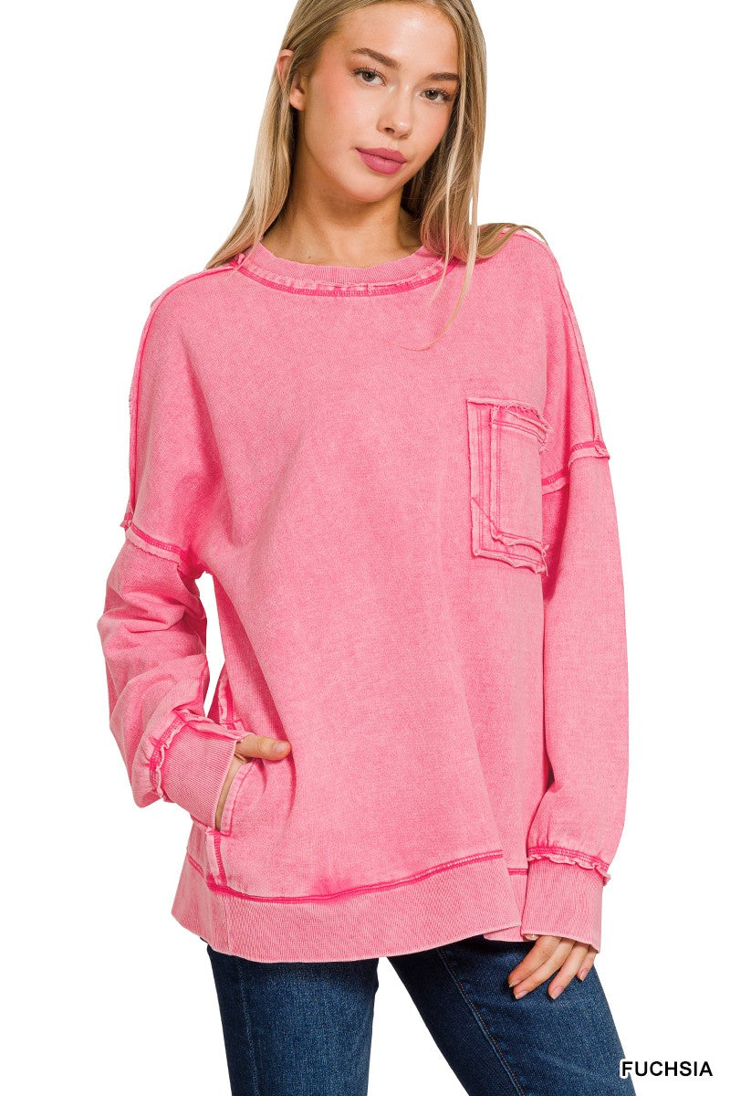 Fuchsia French Terry Acid Wash Front Pocket Pullover
