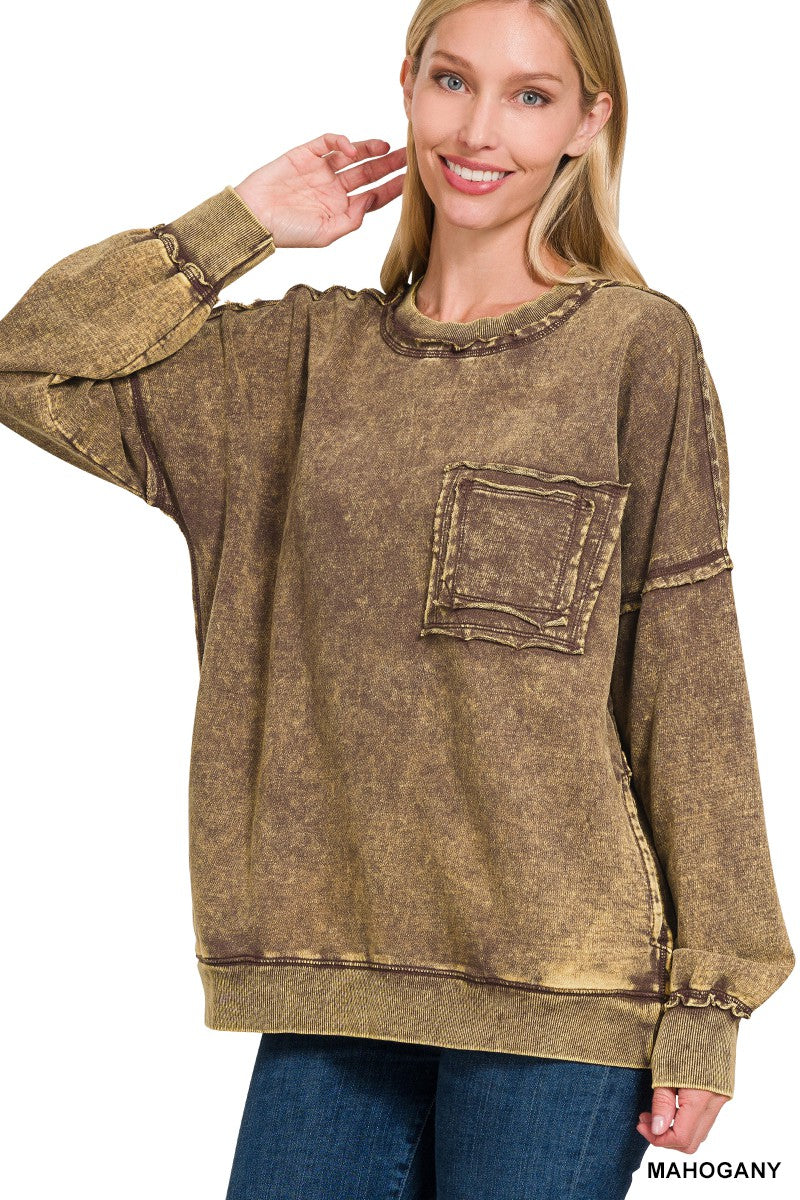 Mahogany French Terry Acid Wash Front Pocket Pullover