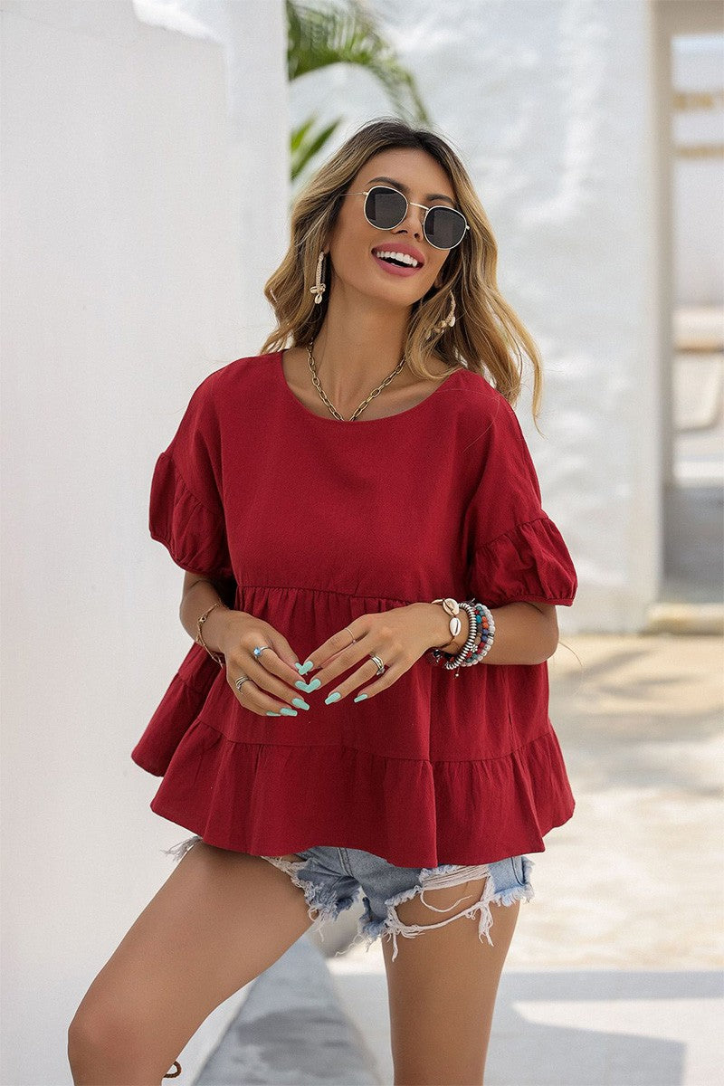Slit back puff sleeve cake ruffle top