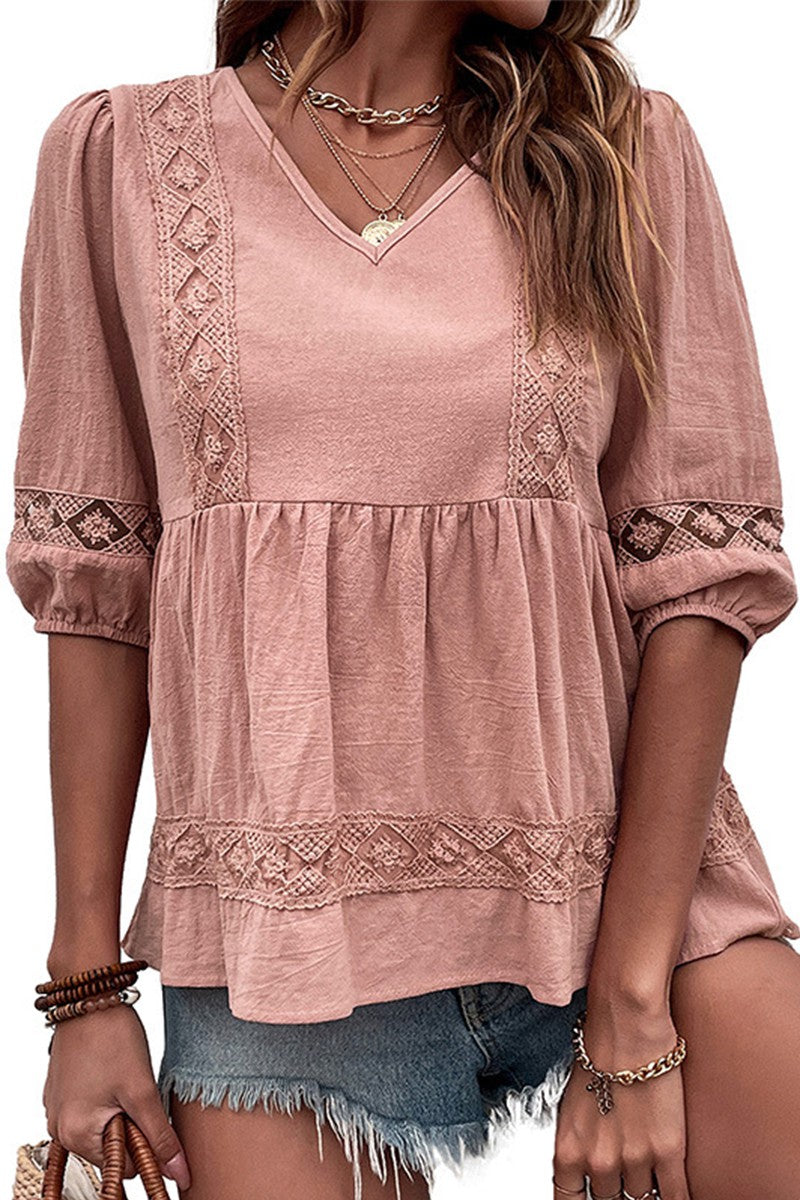 V neck puff punching lace ruffle blouse pink