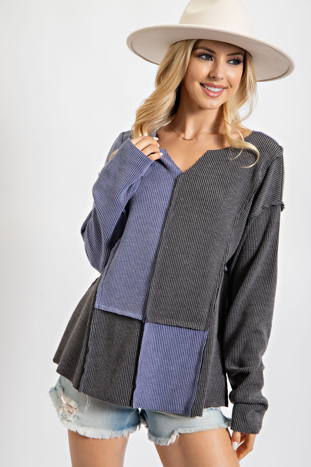 Easel ribbed knit color block sweater Blue Grey