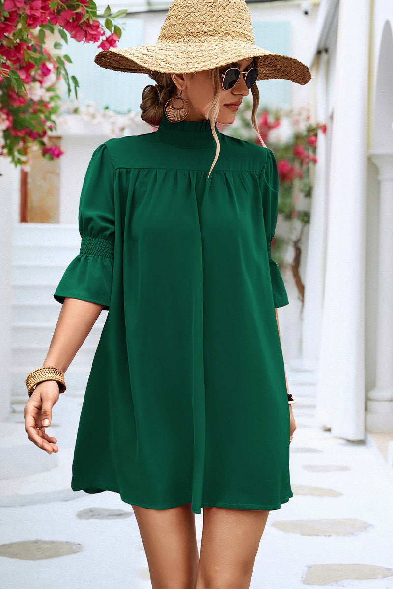 Ruffle sleeve high neck dress green