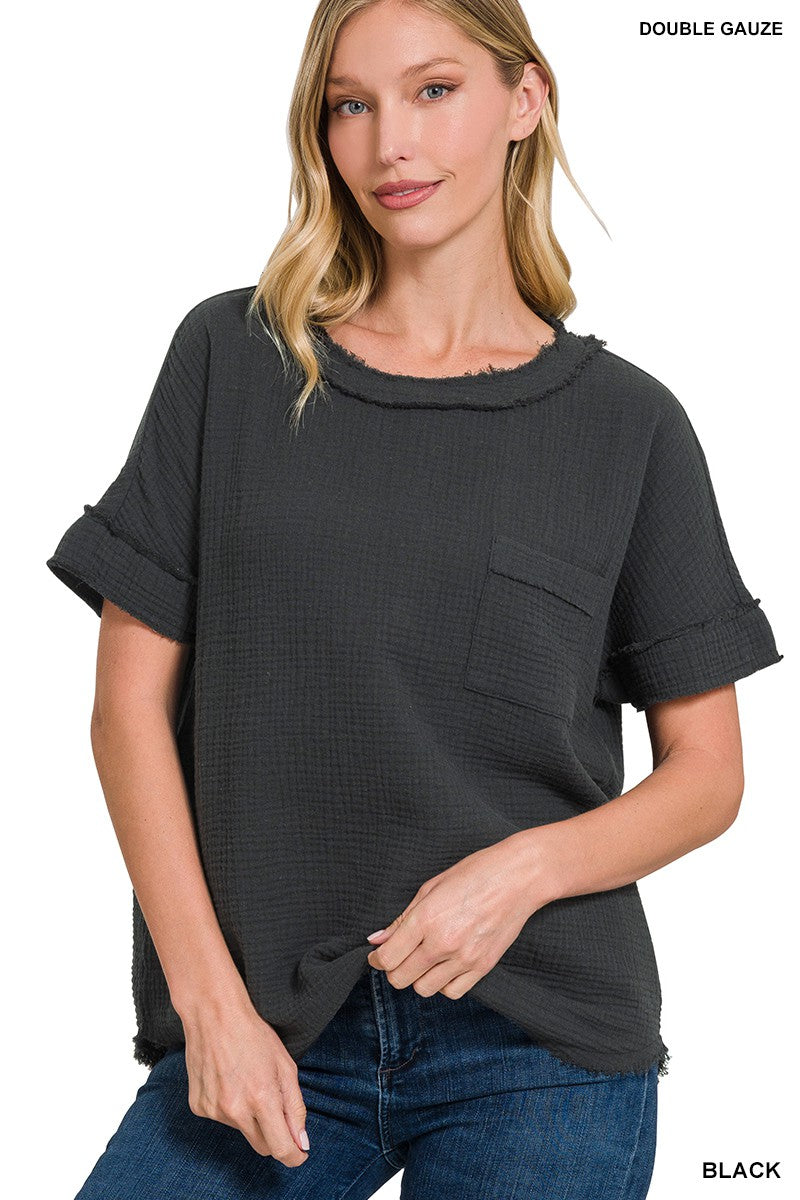 Double gauze raw edge boat neck top