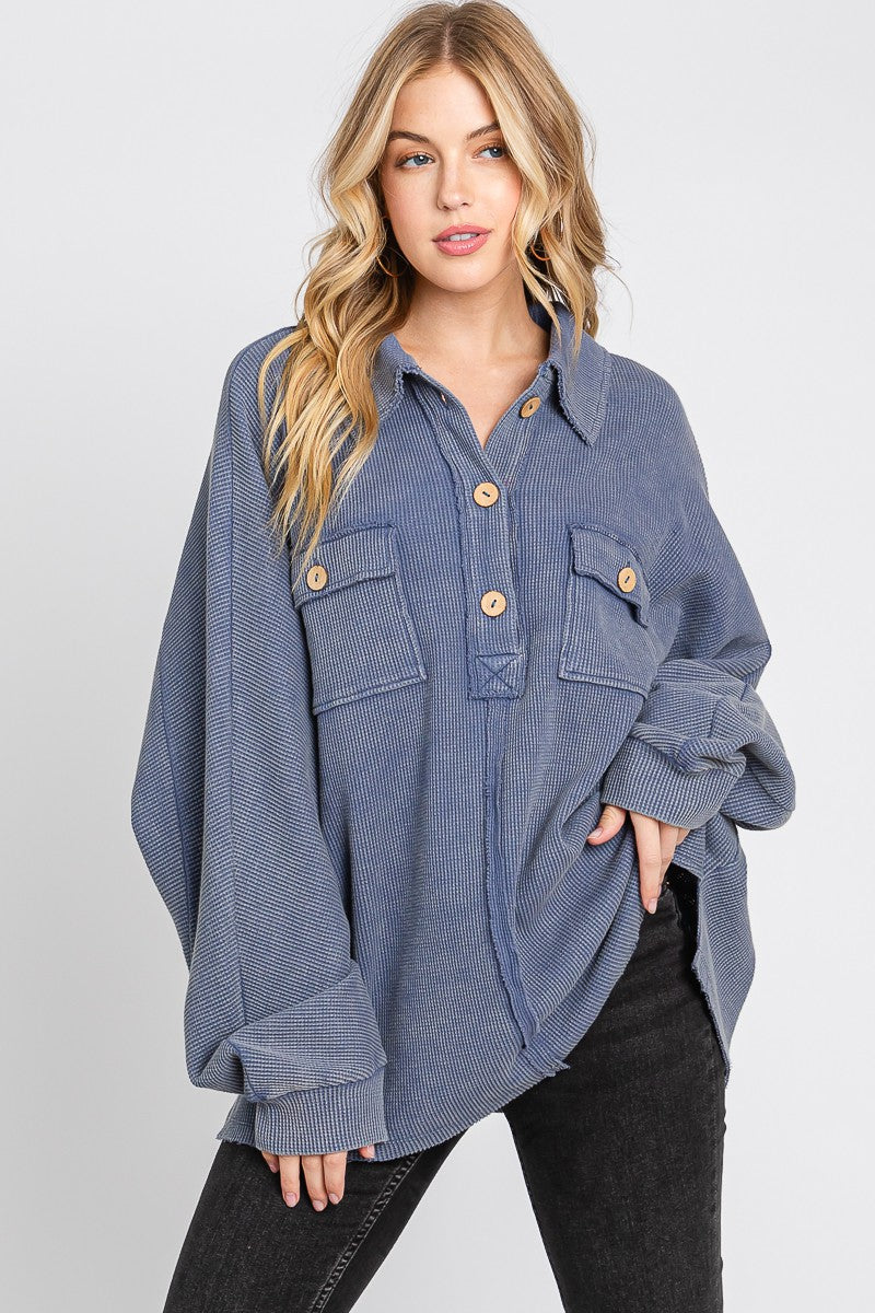 Denim Mineral Wash Henley Pullover