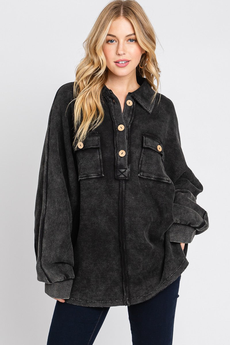 Black Mineral Wash Henley Pullover