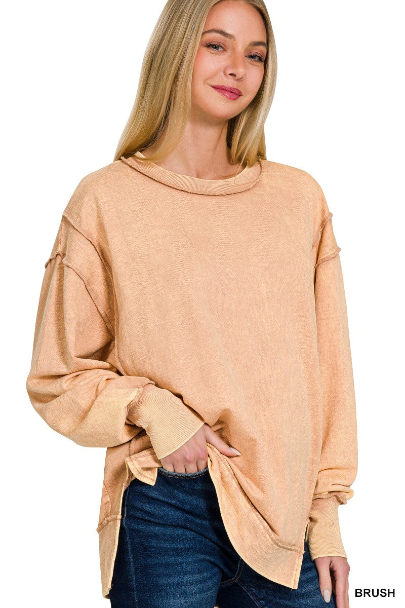 Acid Wash F/Terry Exposed Seam Sweatshirt Brush