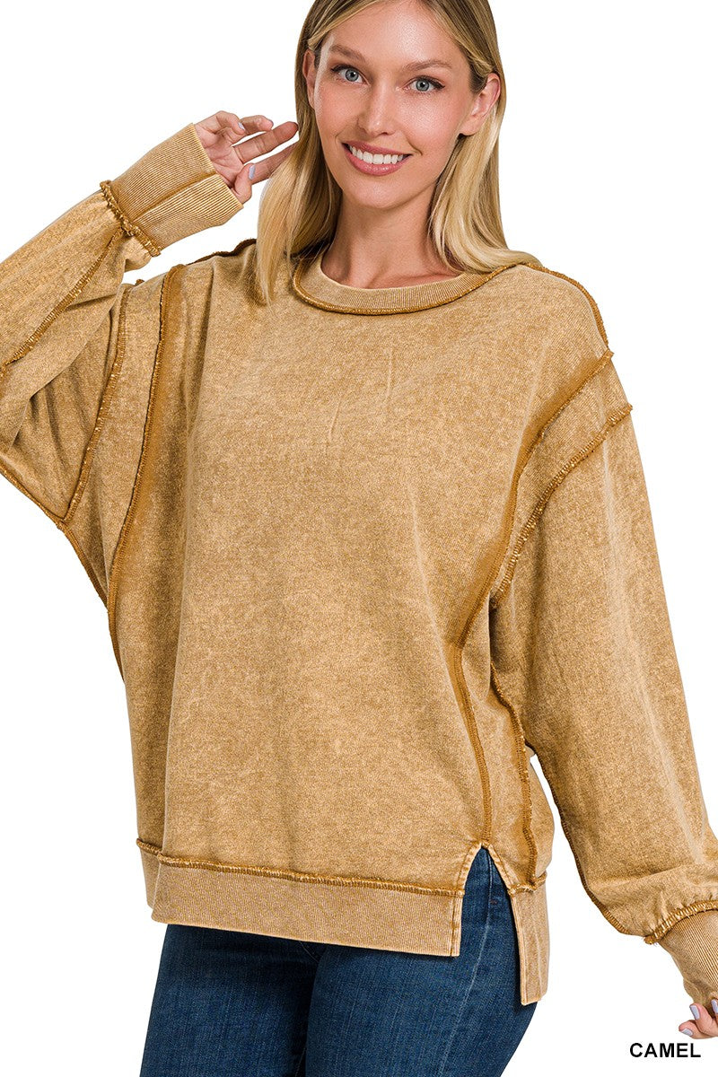 Acid Wash F/Terry Exposed Seam Sweatshirt Camel