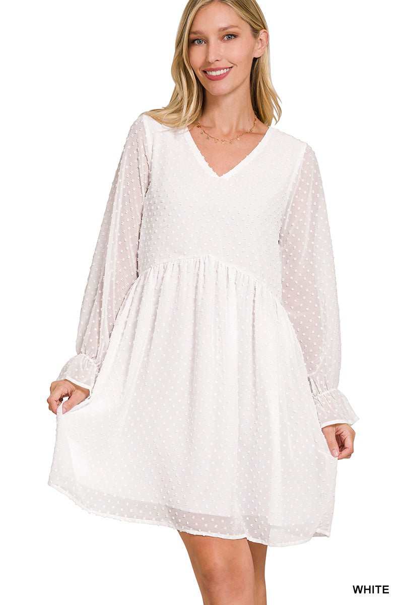 Swiss Dot Long Sleeve V-Neck Dress  White