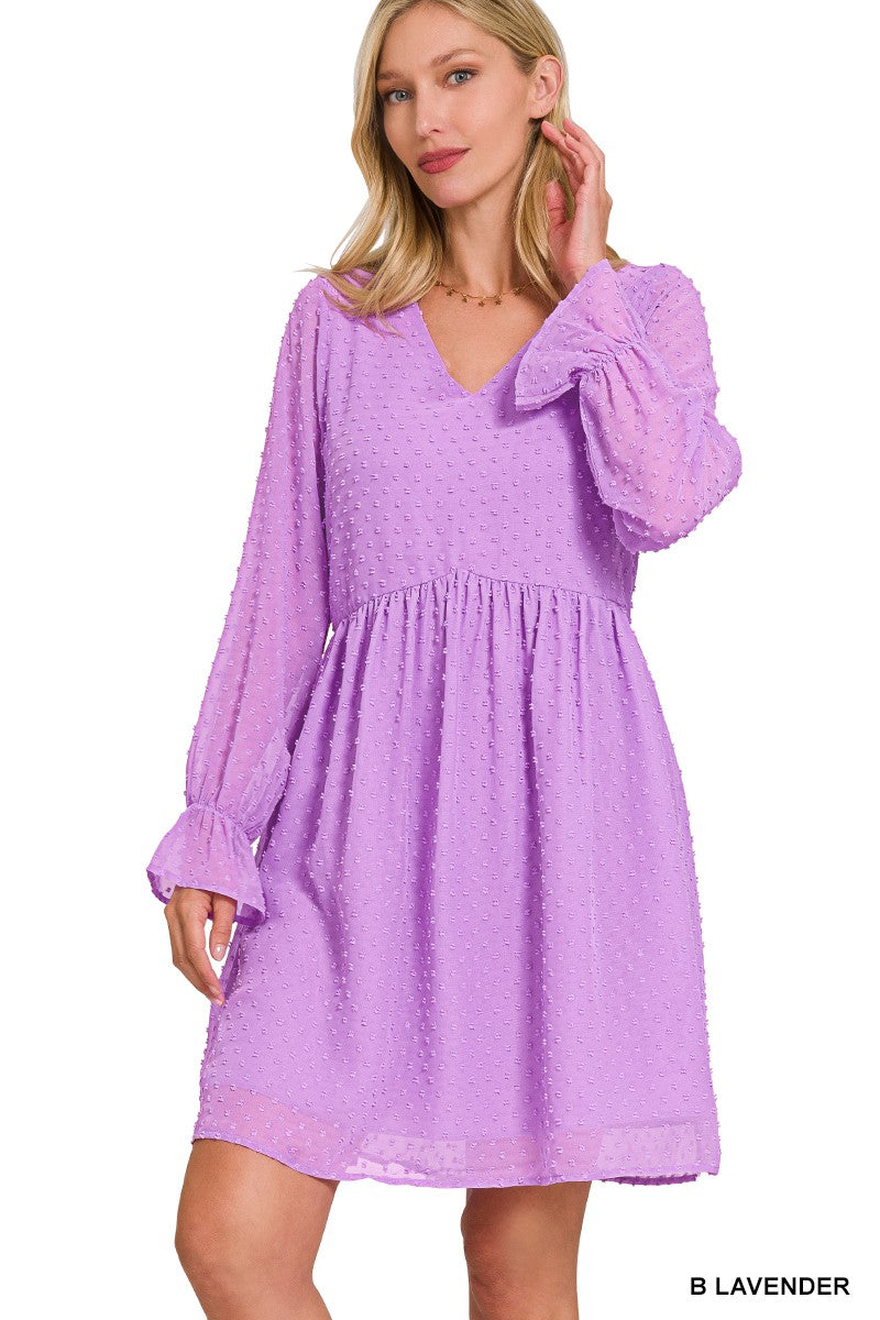 Swiss Dot Long Sleeve V-Neck Dress B Lavender