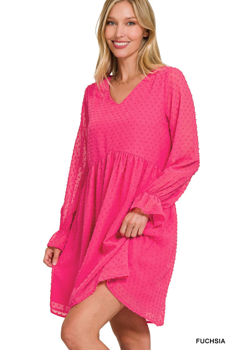 Swiss Dot Long Sleeve V-Neck Dress  Fuchsia