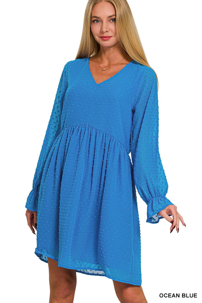 Swiss Dot Long Sleeve V-Neck Dress  Ocean Blule