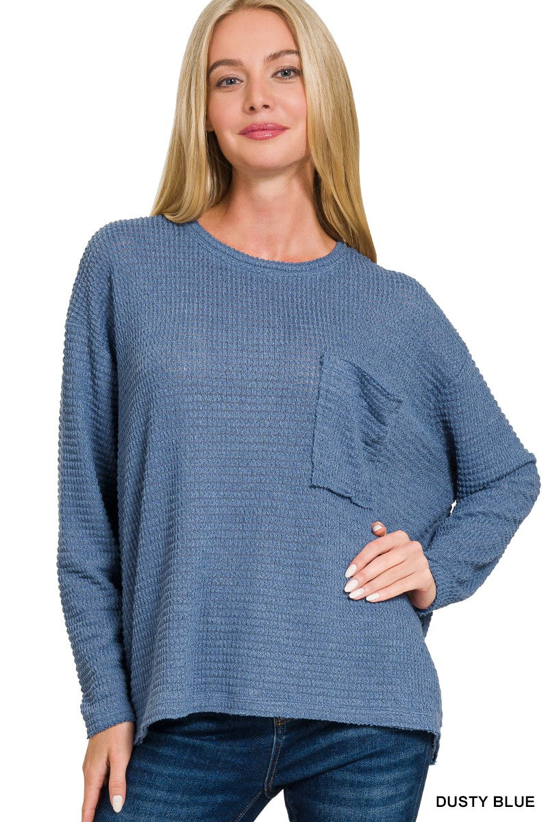Dusty Blue Drop Shoulder Boat Neck Jacquard Sweater