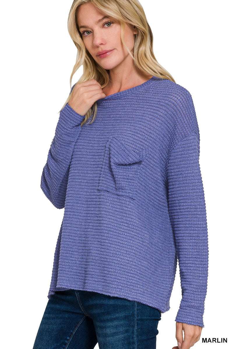 Marlin Blue Drop Shoulder Boat Neck Jacquard Sweater