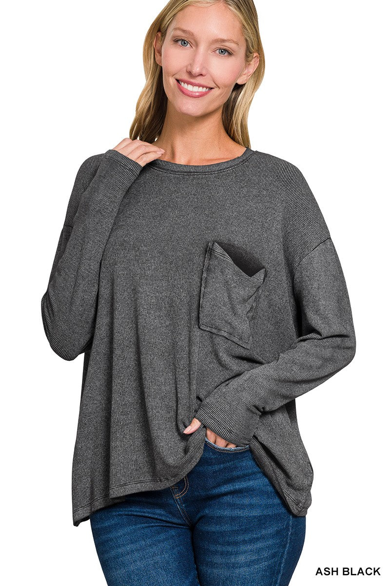 Ash Black Washed Ribbed Dolman Sleeve Round Neck Top