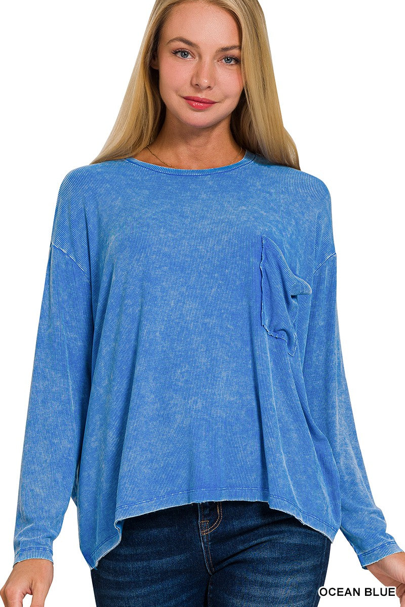 Ocean Blue Washed Ribbed Dolman Sleeve Round Neck Top