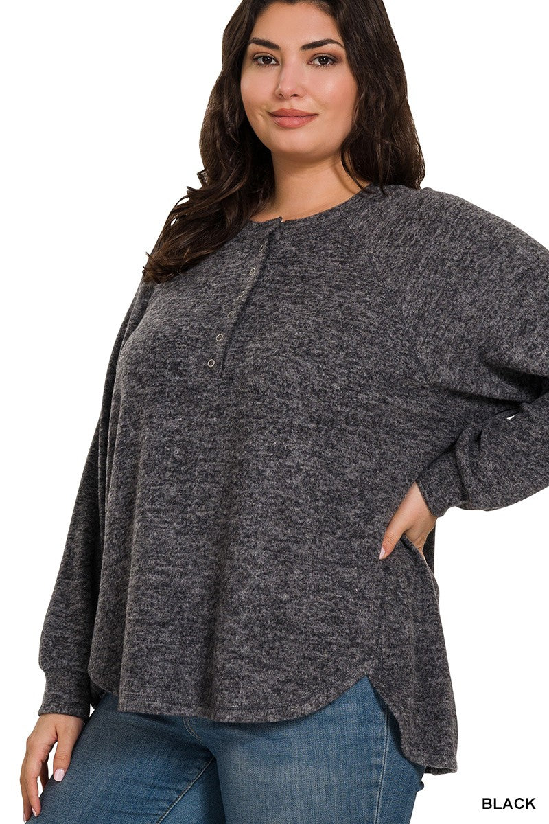 Black Brushed Melange Oversized Henley Sweater
