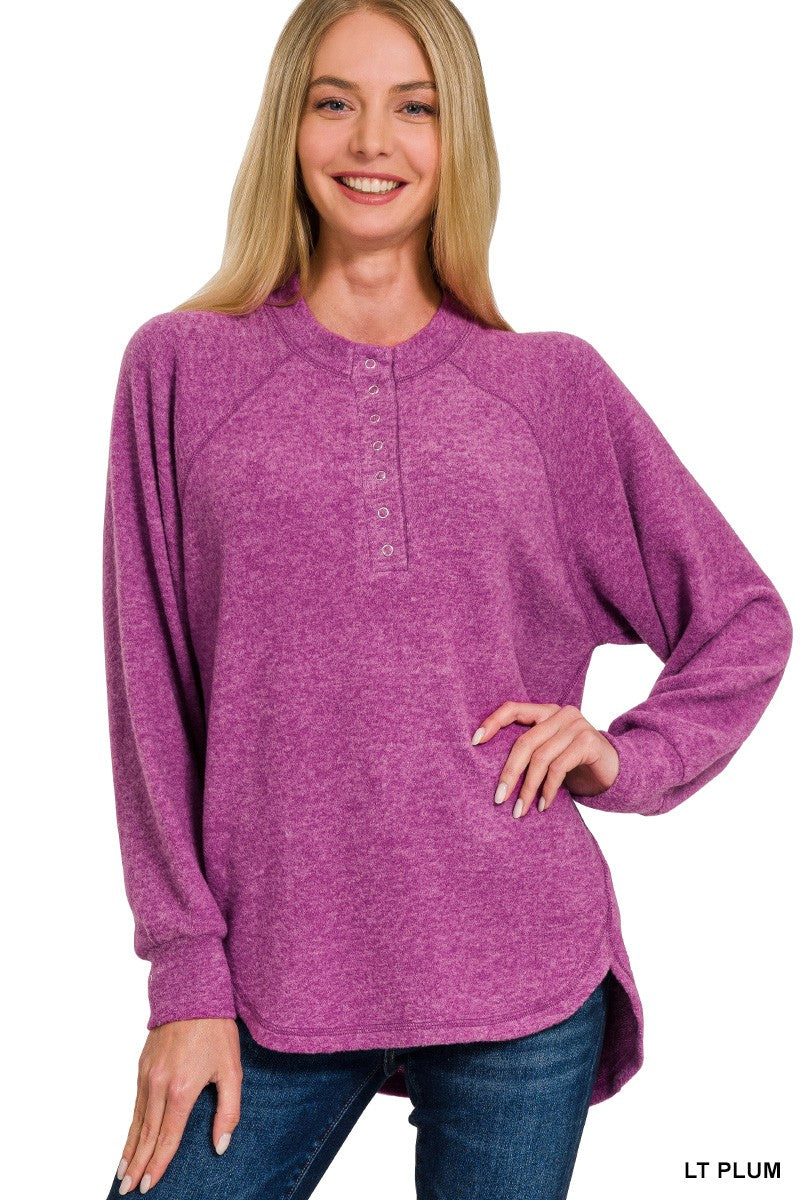 Lt Plum Brushed Melange Oversized Henley Sweater