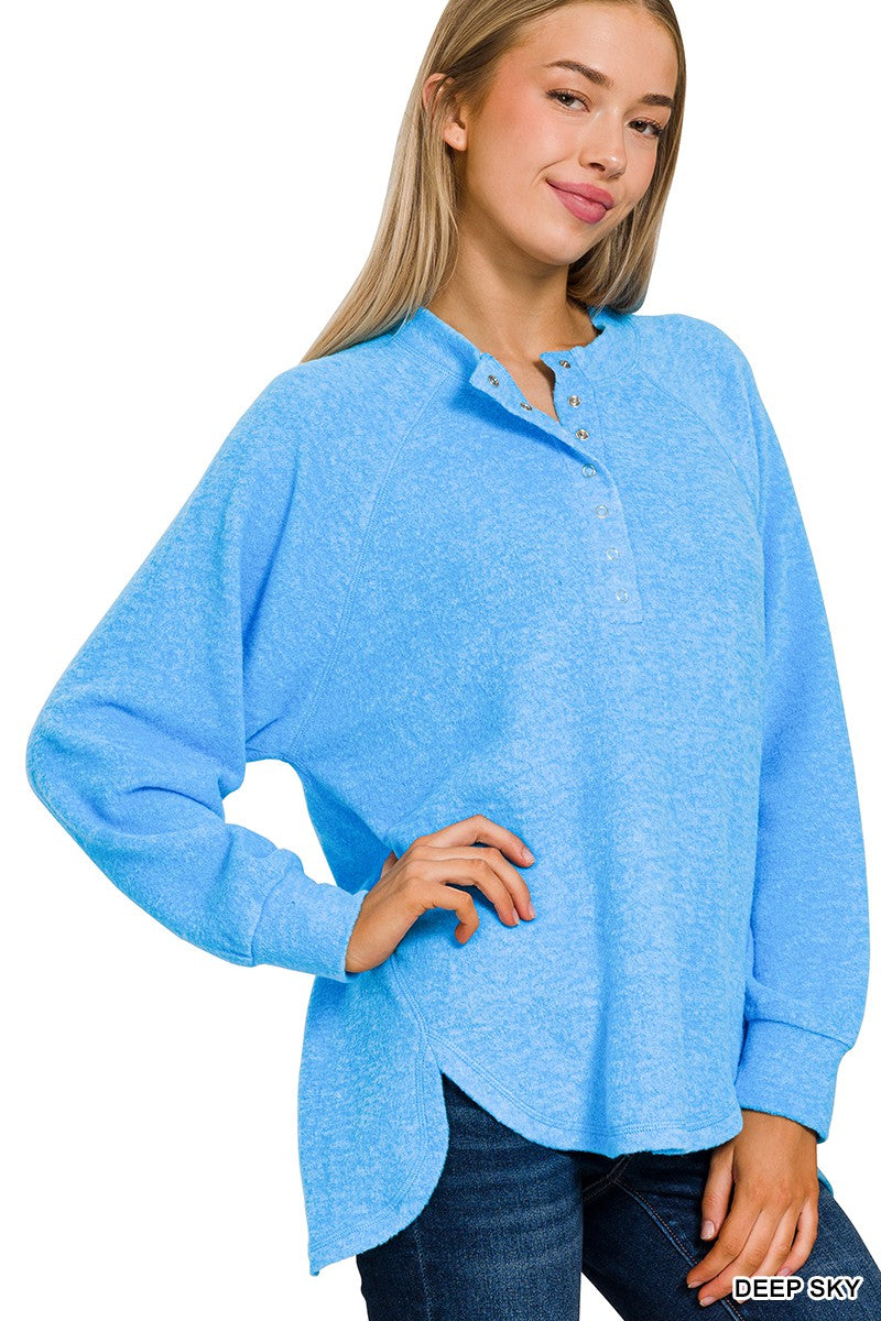 Deep Sky Brushed Melange Oversized Henley Sweater