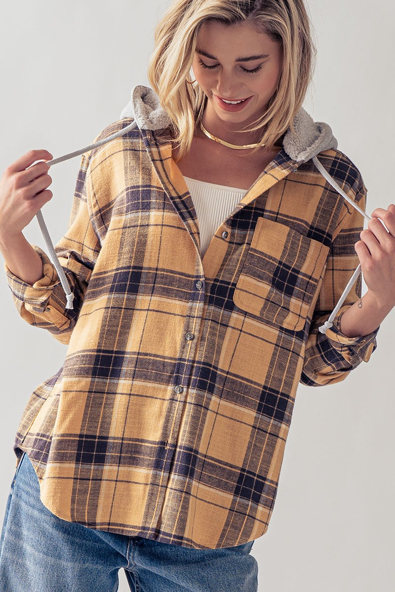 Saffron Plaid button up fleece lined hoodie