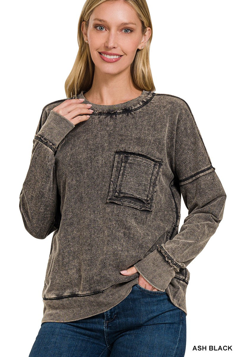 Ash Black F/Terry washed raw edge front pocket pullover