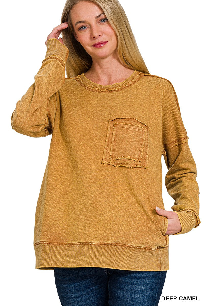 Deep Camel F/Terry washed raw edge front pocket pullover