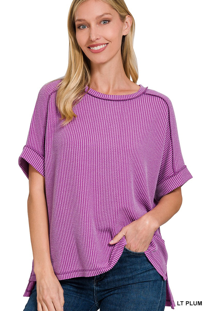 Corded Rib Short Cuff Sleeve Raw Edge Top Lt Plum